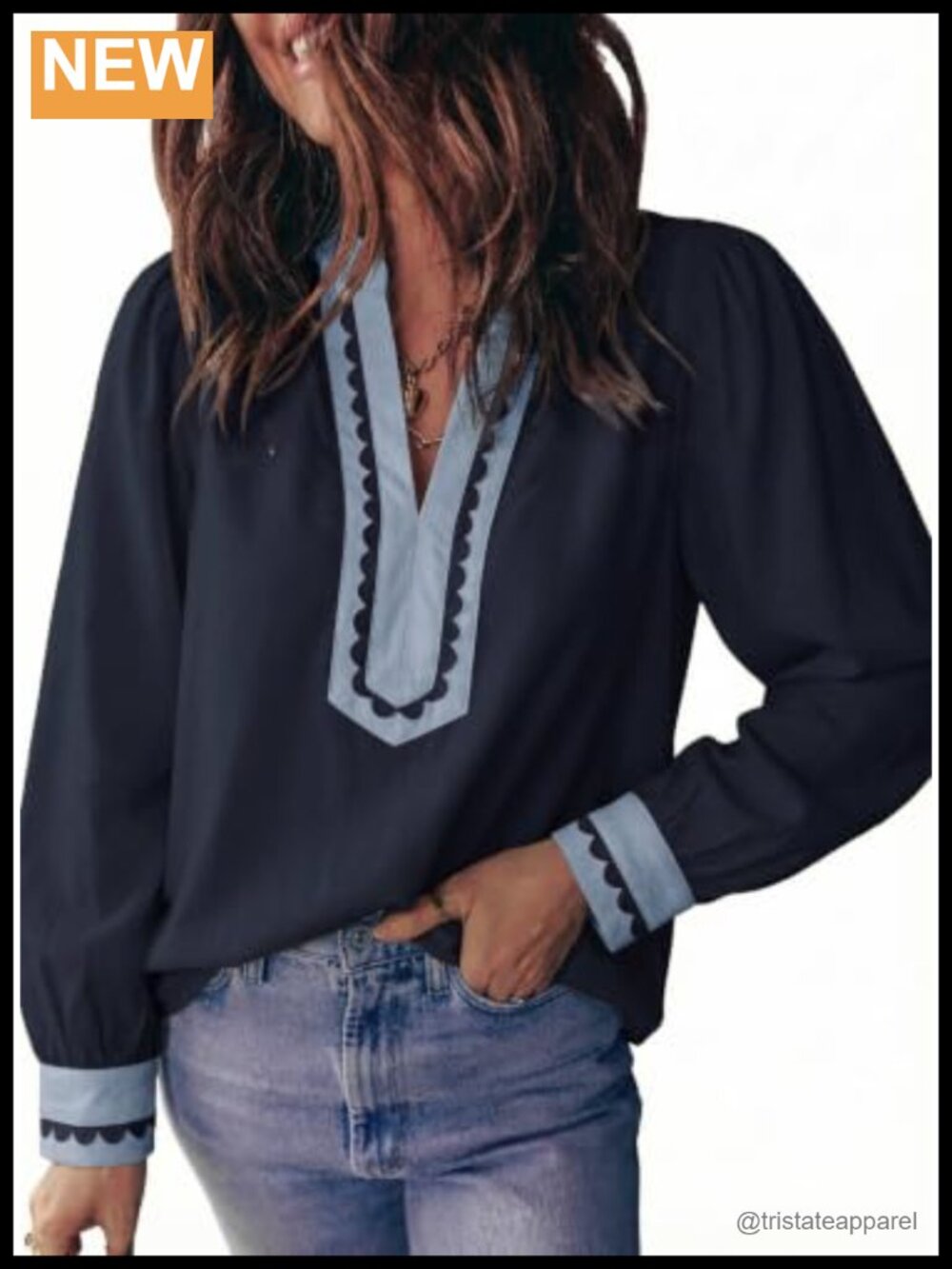 Women's Boho V-Neck Long Sleeve Blouse with Scalloped Trim